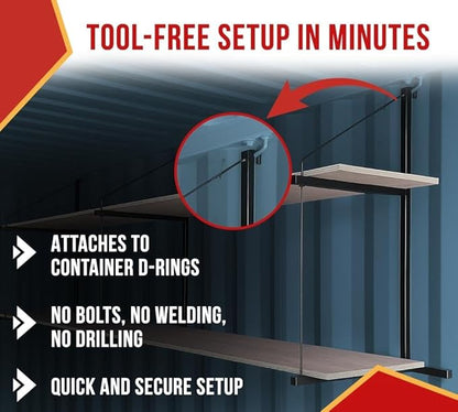 Mytee Products 4 Pack 2 Tier Shipping Container Shelving Bracket with Hooks - 19-3/4"x34, 550 lbs WLL - Black Powder Coated Steel for Heavy Duty Trailer Containers - Easy to Assemble & Remove
