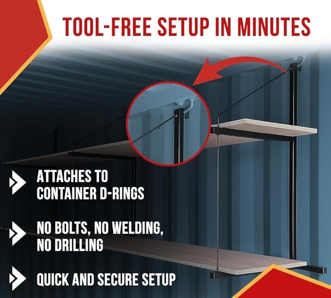 Mytee Products 2 Tier Shipping Container Shelving Bracket with Hooks - 19-3/4"x34, 550 lbs WLL - Black Powder Coated Steel for Heavy Duty Trailer Containers - Easy to Assemble & Remove