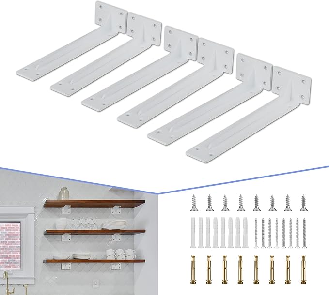 CLT Shelf Bracket( White) , 8” Quarter Inch (1/5") Thick- Max Load: 220 lb Rustic Industrial Modern Farmhouse Heavy Duty Corner Brace Joint Right Angle Bracket for DIY Table Bench, Pack of 6
