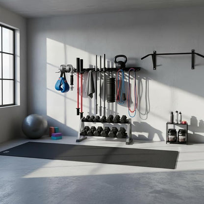 25" Wall Mount Barbell Holder & Tool Organizer, 7L7S Slots Heavy Duty Storage Rack, 300LBS Load 4MM Steel 5MM EVA for Garage Home Gym.