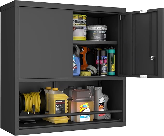 Metal Wall Cabinet, Garage Wall Cabinet with Lock, Wall Mounted Heavy Duty Steel Tool Cabinet with Door and Shelf, Hanging Cabinet for Garage Warehouse Bathroom Kitchen, Black