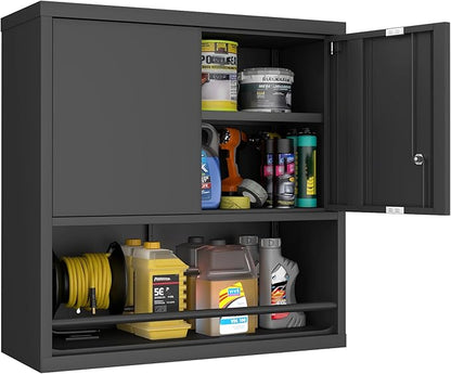 Metal Wall Cabinet, Garage Wall Cabinet with Lock, Wall Mounted Heavy Duty Steel Tool Cabinet with Door and Shelf, Hanging Cabinet for Garage Warehouse Bathroom Kitchen, Black