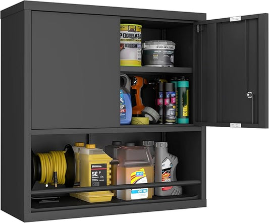 Metal Wall Cabinet, Garage Wall Cabinet with Lock, Wall Mounted Heavy Duty Steel Tool Cabinet with Door and Shelf, Hanging Cabinet for Garage Warehouse Bathroom Kitchen, Black