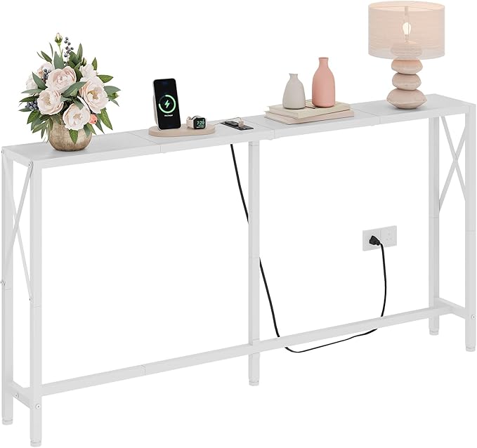 Console Table with Oulets and USB Ports, 55.1" Sofa Table Behind Couch, Industrial Long Skinny Stand for Hallway, Living Room, Bedroom, 6.5 Feet Power Cord, White