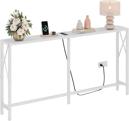 Console Table with Oulets and USB Ports, 55.1" Sofa Table Behind Couch, Industrial Long Skinny Stand for Hallway, Living Room, Bedroom, 6.5 Feet Power Cord, White