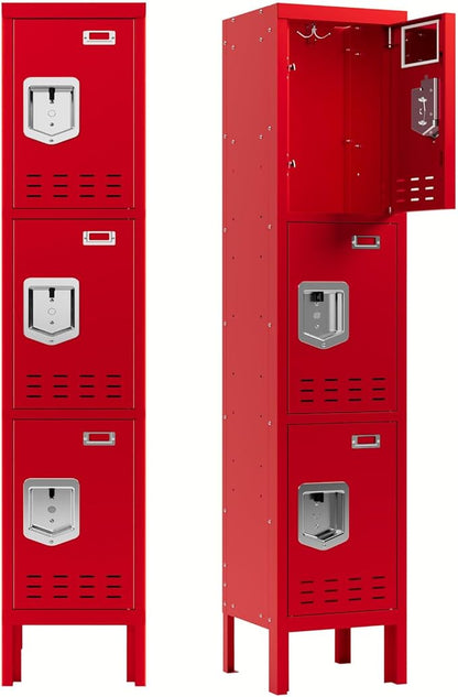 Metal Storage Locker with Lock & Card Slot Locker - Secure Lockable Door - Steel Locker for School, Office, Gym, Home - 66.15" H x 11.8" W x 11.8" D（3 Door, Red）