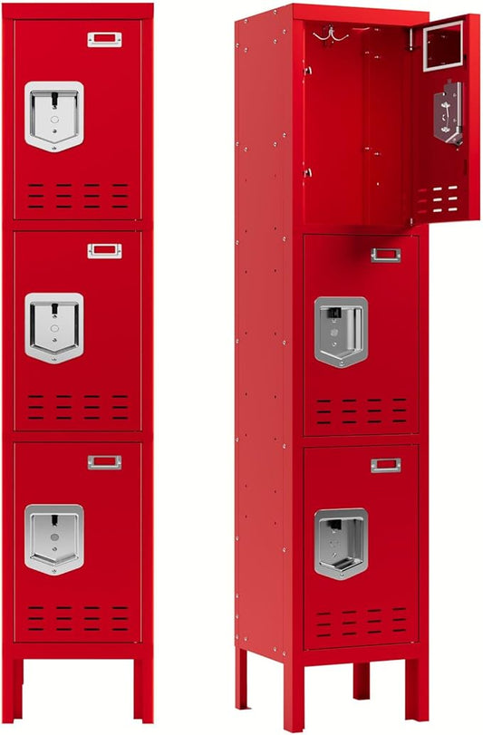 Metal Storage Locker with Lock & Card Slot Locker - Secure Lockable Door - Steel Locker for School, Office, Gym, Home - 66.15" H x 11.8" W x 11.8" D（3 Door, Red）