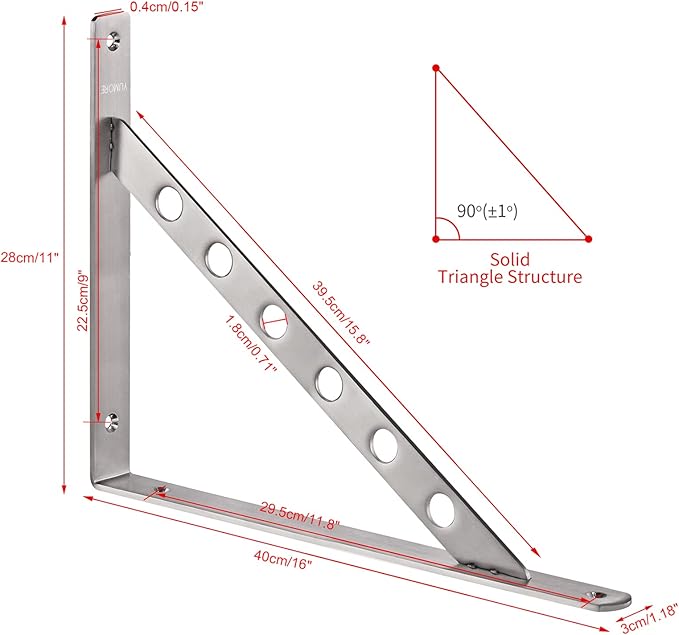 YUMORE 16 inch Stainless Steel Shelf Brackets, Heavy Duty Solid Shelf Support, Max Load: 550lb Corner Brace Joint Right Angle Bracket, Pack of 2