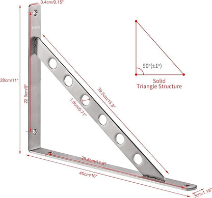 YUMORE 16 inch Stainless Steel Shelf Brackets, Heavy Duty Solid Shelf Support, Max Load: 550lb Corner Brace Joint Right Angle Bracket, Pack of 2