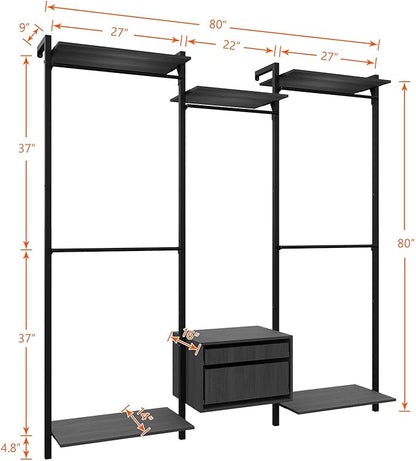 Wall-Mounted Steel & Wood Closet Organizer System with 4 Adjustable Shelves, 5 Hanging Rods, and 2 Drawers – Modern Open Wardrobe, Black