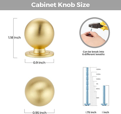 4 Pack Brushed Brass Cabinet Knobs, Round Dresser Knobs, Ball Kitchen Cabinet Hardware, 0.95" Diameter