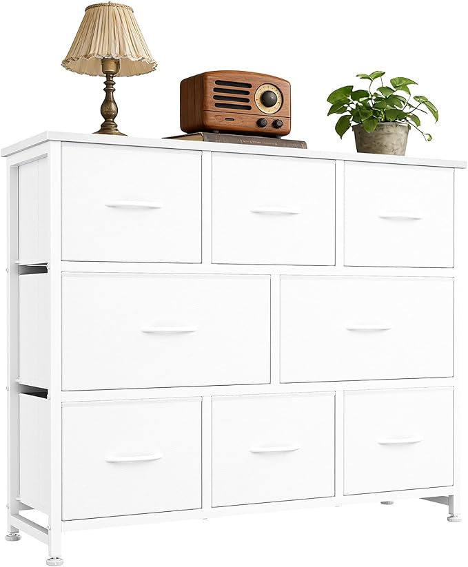 DUMOS TV Stand, Dresser with 8 Fabric Drawers, Spacious Storage Tower for Closet, TV Stand with Wood Top and Mental Frame, Storage Unit for Living Rooms, Bedroom and Entryway, White