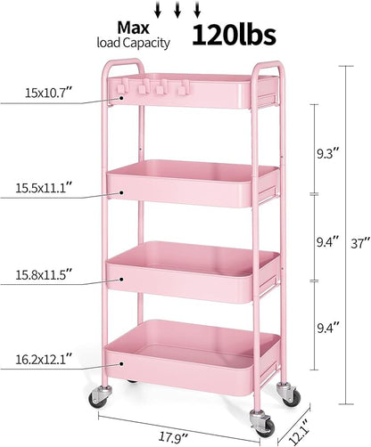 TOOLF 4-Tier Metal Rolling Cart with Wheels, Storage Utility Organizer Cart for Kitchen, Bathroom, Office, Baby Essentials & Makeup - Lockable Casters, Easy Assembly, Large Capacity, Pink