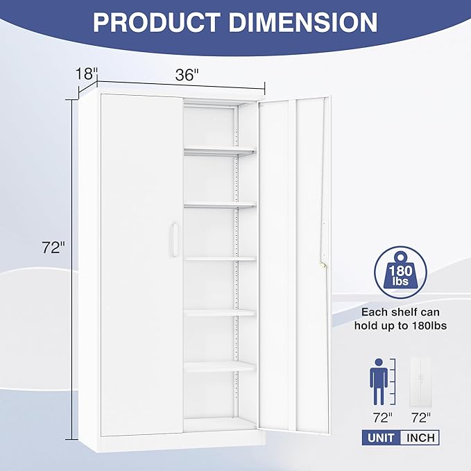Metal Garage Storage Cabinet, 72" Tall White Tool Cabinet with Lockable Doors and 5 Adjustbale Shelves for Garage,HomeOffice