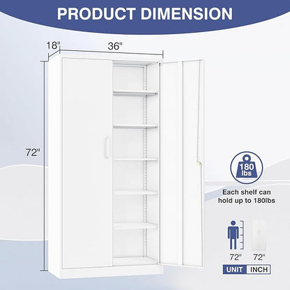 Metal Garage Storage Cabinet, 72" Tall White Tool Cabinet with Lockable Doors and 5 Adjustbale Shelves for Garage,HomeOffice