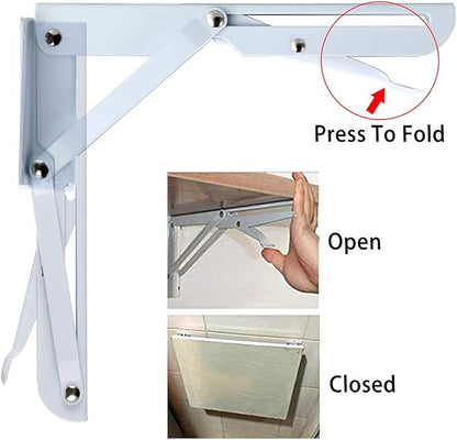 Sumnacon Sturdy Folding Shelf Brackets - Heavy Duty Metal Triangle Table Bench Folding Shelf Brackets, 2 Pcs Folding Shelf Hinge Wall Mounted (8 Inch, White)