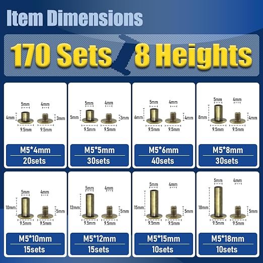 170 Sets Bronze Chicago Screws Leather Rivets Kit, 8 Sizes (M5*4,5,6,8,10,12,15,18) & 3 Screw Lengths (M4*3,4,5) for Belts, Bookbinding, DIY Leather (Bronze)