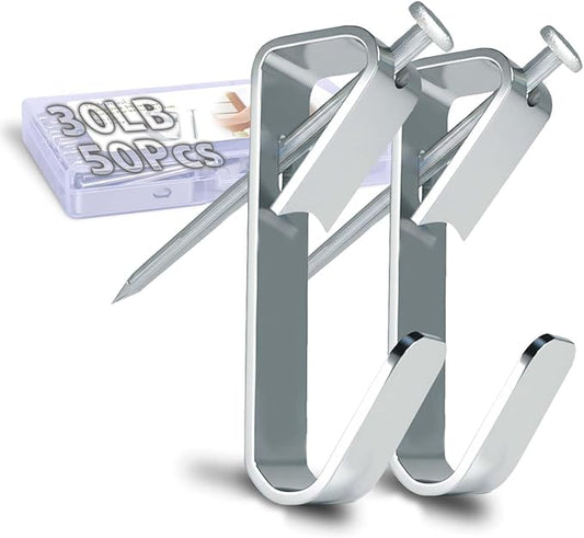 Picture Hangers, Extra Thick, 30 lb, for Decorative Drywall & Plaster Walls - Small Nails for Painting, Frame Hooks to Hang for Hanging, 50 pcs, Silver