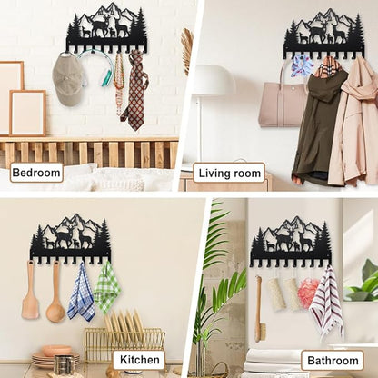 MAYJOYDIY Metal Forest Deer Coat Hook Wall Mount Mountain Tree Deer Family Coat Rack 15.7×9.8inch 10 Hooks Nature Scenery Animal Key Holder for Wall Art Decor Gift Key Hooks for Coats Hats Towels Bags