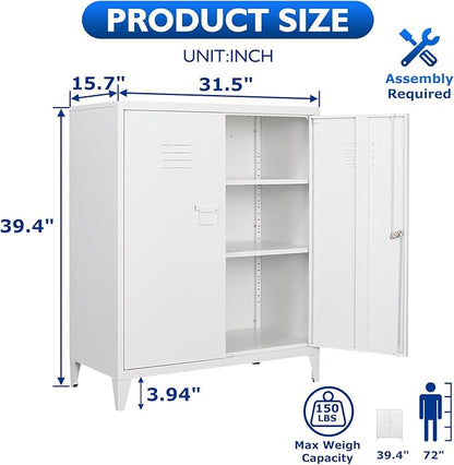 Metal Storage Cabinet with Lock, Locking Cabinets Office Storage Caninet with 2 Doors and Shelves, Lockable Steel Locker Floor Caninets Cupboard, Small Sideboard Buffet Cabnet for Home Office