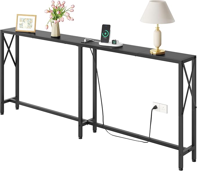 Console Table Narrow Long, Behind Couch Table with Oulets & USB Ports, Industrial Long Skinny Stand for Entryway,Hallway, Living Room, Bedroom Black, 7.9" D x 70" W x 30.3" H