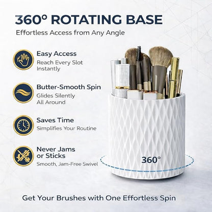 360° Rotating Makeup Brush Holder, 5-Slot Cosmetic Organizer Cup for Vanity, Desk & Bathroom Countertop, White