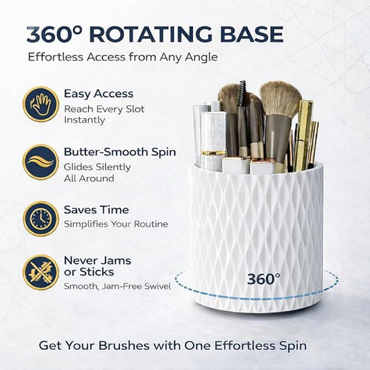 360° Rotating Makeup Brush Holder, 5-Slot Cosmetic Organizer Cup for Vanity, Desk & Bathroom Countertop, White