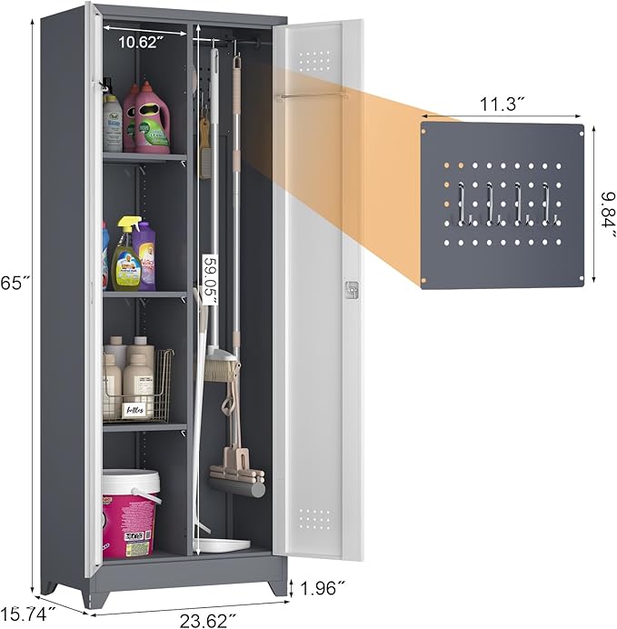 GREATMEET 65" H Broom Closet, Broom Closet Cabinet with Pegboard and Hanging Rod, Cleaning Tool Storage Cabinet, Tall Metal Utility Closets with Locking Doors for Bathroom, Garage