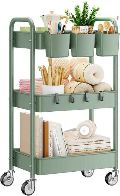YASONIC 3-Tier Rolling Cart, Green, 66 Pounds Capacity, Mesh Storage Organizer with Lockable Wheels, 3 Hanging Cups, 4 Hooks, Easy Assembly, for Kitchen, Bathroom, Laundry, Grocery