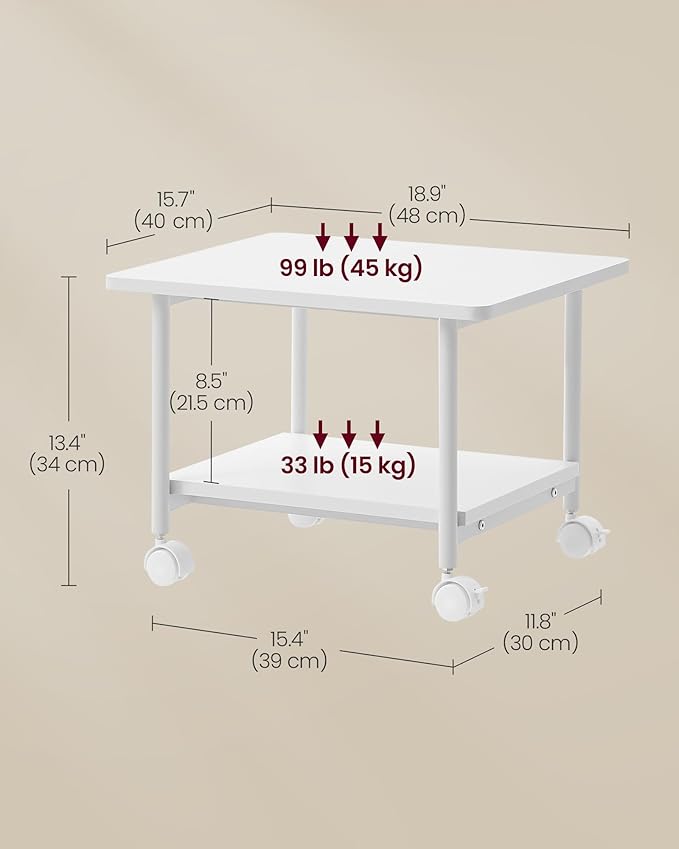 VASAGLE Printer Stand with Locking Wheels, 2-Tier Shelf, Industrial Under Desk Heavy-Duty Mobile Cart for Home Office, White UOPS002W01