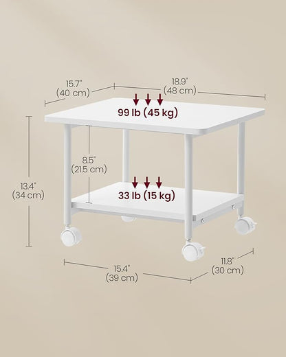 VASAGLE Printer Stand with Locking Wheels, 2-Tier Shelf, Industrial Under Desk Heavy-Duty Mobile Cart for Home Office, White UOPS002W01