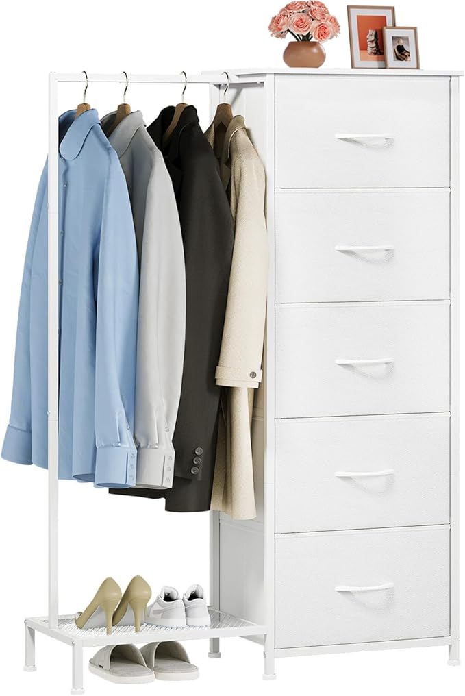 Somdot Dresser with Hanging Rack, 5 Drawers Small Closet for Bedroom, Reversible Dresser with Clothes Rack, Kids Dressers for Bedroom Chest of Drawers, Tall Storage Tower, White Leather