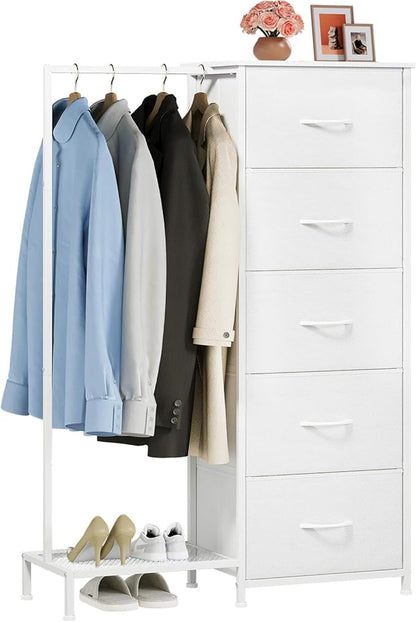 Somdot Dresser with Hanging Rack, 5 Drawers Small Closet for Bedroom, Reversible Dresser with Clothes Rack, Kids Dressers for Bedroom Chest of Drawers, Tall Storage Tower, White Leather