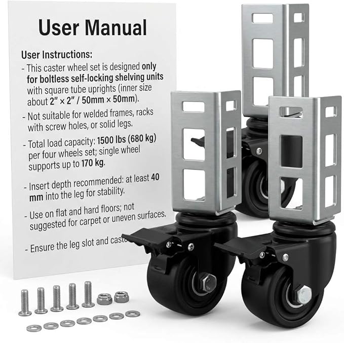 QWORK 3" PU Caster Wheels for 2"x2" Boltless Shelving Racks – 4 Pack 1500 lbs Load, Heavy Duty Mobility Set for Garage, Storage, Workshop