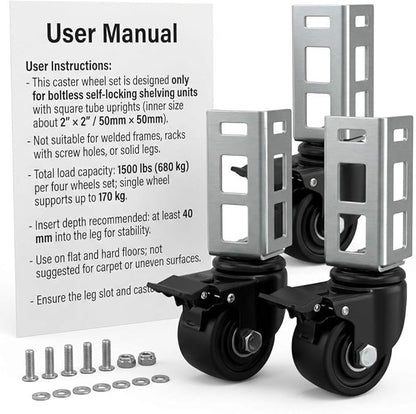 QWORK 3" PU Caster Wheels for 2"x2" Boltless Shelving Racks – 4 Pack 1500 lbs Load, Heavy Duty Mobility Set for Garage, Storage, Workshop
