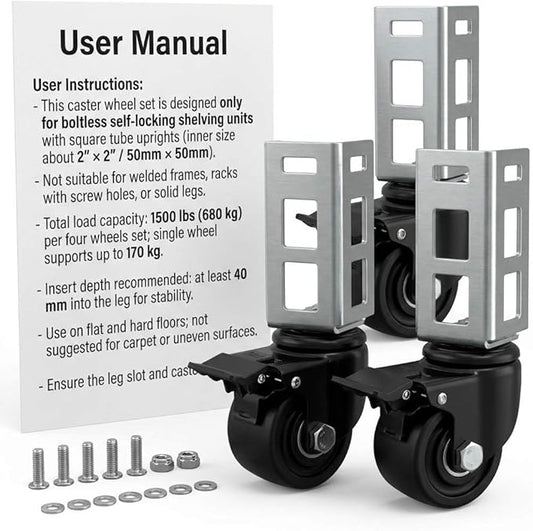 QWORK 3" PU Caster Wheels for 2"x2" Boltless Shelving Racks – 4 Pack 1500 lbs Load, Heavy Duty Mobility Set for Garage, Storage, Workshop