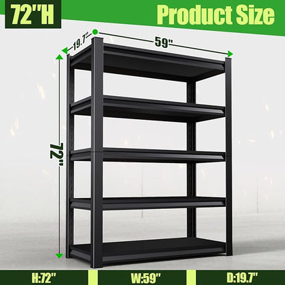 Garage Shelving,Heavy Duty Garage Storage Shelves,Metal Shelving Unit,5 Tier Adjustable Steel Utility Shelf,Use for Basement,Warehouse, Pantry Closet,Black (72" H*59" W*19.7" D)