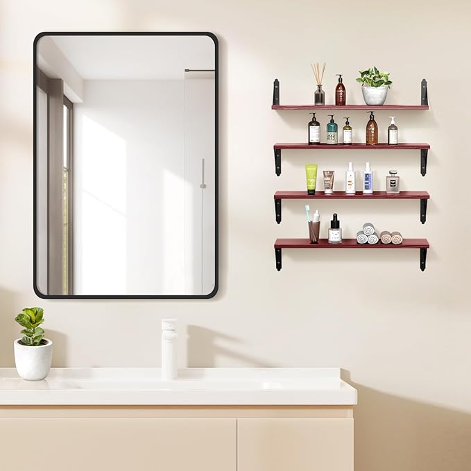Wood Floating Shelves Set of 4, Rustic Storage Decor Wall Shelves, Wall Mounted Shelf for Living Room, Bedroom 23.6" x 6", Red