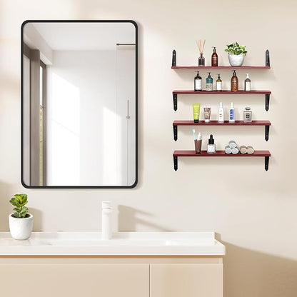Wood Floating Shelves Set of 4, Rustic Storage Decor Wall Shelves, Wall Mounted Shelf for Living Room, Bedroom 23.6" x 6", Red