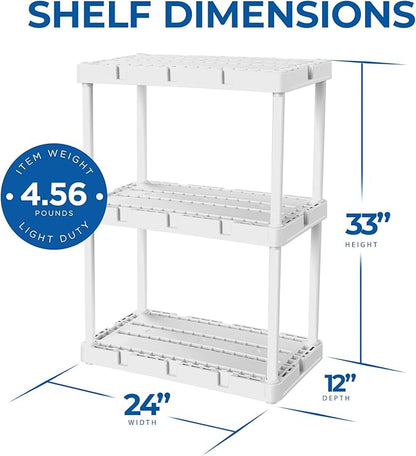 Gracious Living 3 Shelf Knect-A-Shelf Solid Light Duty Storage Unit 12 x 24 x 33" Organizer for Home, Garage, Basement & Laundry, White