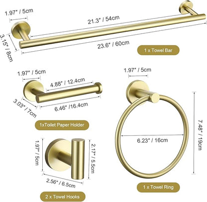 TURS Brushed Gold Bathroom Hardware Set 5 Piece, SUS304 Stainless Steel Bath Towel Bar Set, 24 Inch Bathroom Accessories Kit Wall Mounted