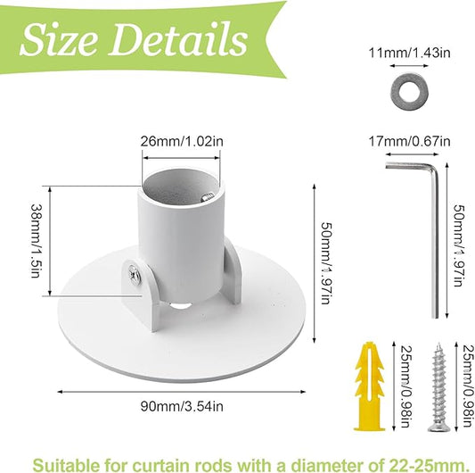 Shower Curtain Rod Bracket, 2Pcs 26mm Inner Diameter Titanium Steel Shower Curtain Rod Single Swivel Flange Easy Installation Curtain Rod Wall-Mount Bracket with Screws (White)
