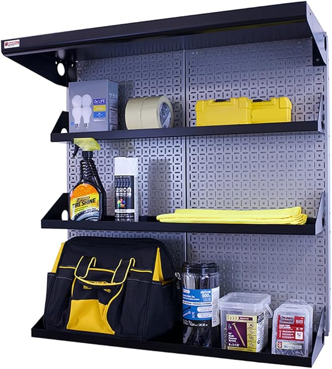 OmniWall Metal Pegboard Shelving Organization System Shelving Kit 32" x 32" Modular Pegboard- Panel Color: Silver Accessory Color: Red