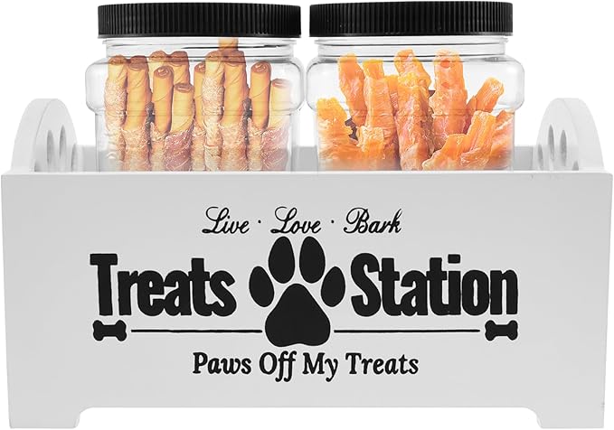 Dog Treat Container Wood Dog Food Storage Container with 2 Plastic Jars Rustic Cat Treat Container Practical Pet Treat Storage Organizer (White)