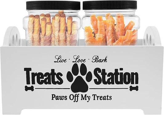 Dog Treat Container Wood Dog Food Storage Container with 2 Plastic Jars Rustic Cat Treat Container Practical Pet Treat Storage Organizer (White)