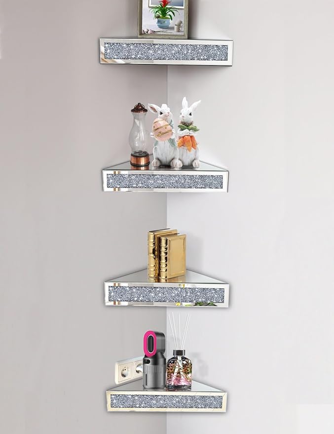 Mirrored Floating Conner Shelf, Silver Mirror Crushed Diamond Decorative Wall Shelf for Home Decoration Crystal Diamond Wall Art Decor Accent Piece Showcase 16.1" L×16.1" W×4.3" H, Set of 2
