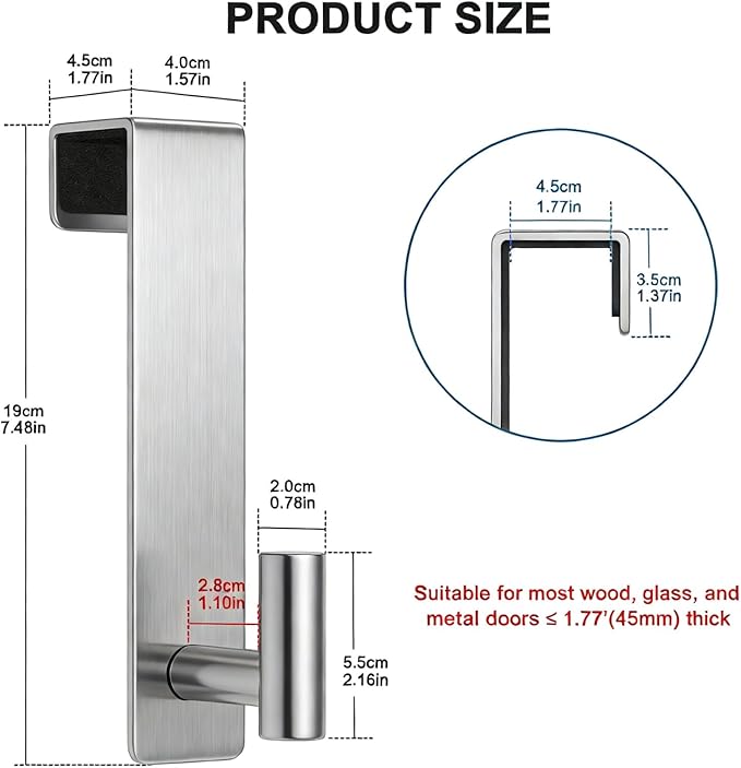 PMMASTO 2-Pack Over The Door Hooks - Rustproof Stainless Steel Door Hangers for 1-3/4 Inch Doors, Non-Marking and Tool-Free Easy Install (Silver, T Shape-Fits 1-3/4" Thick Door)