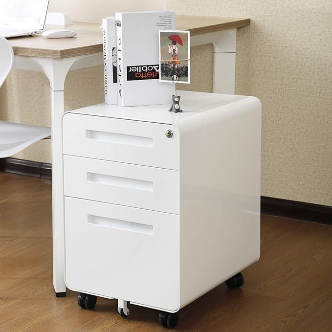 GarveeHome 3 Drawer Mobile File Cabinet with Lock, Under Desk Metal Filing Cabinet for Home Office, Under Desk Storage with 5 Wheels for A4/Letter/Legal Size, Fully Assembled