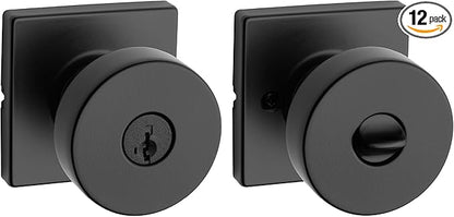 Kwikset Matte Black Keyed Entry Door Knob | SmartKey Security | Square Rose | Microban Protection | For Exterior Doors | Pack of 12