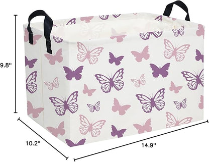 Essme Rectangular Butterfly Baskets,Kids Storage Basket with Handles for Girls Room Decor, Girls Storage Bin（Purple Butterfly）